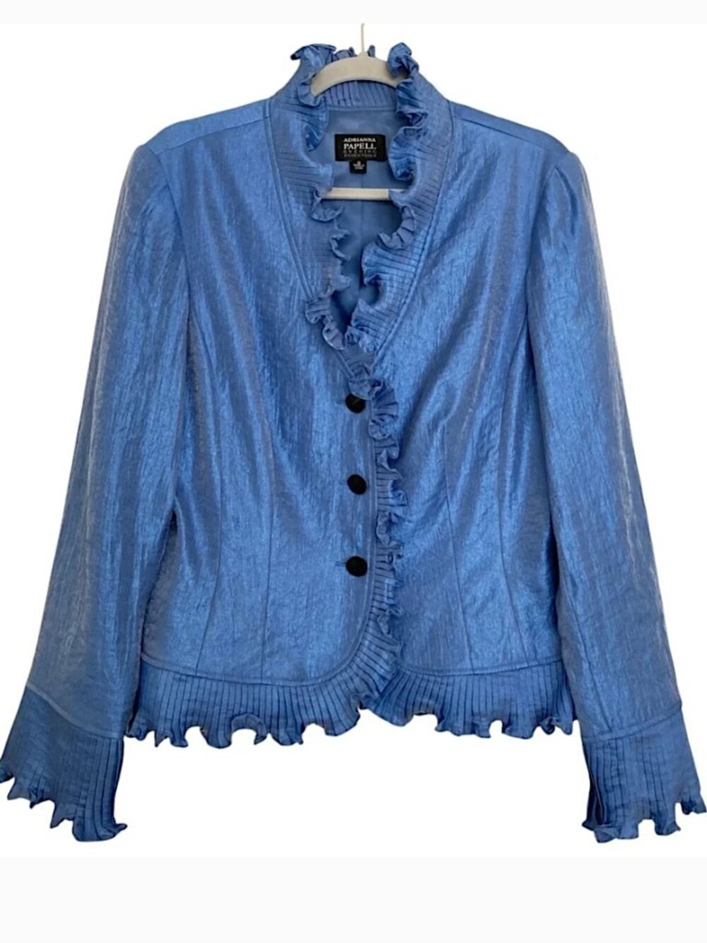 ADRIANNA PAPELL Ruffled Evening Jacket Button Up Long Sleeve Blue